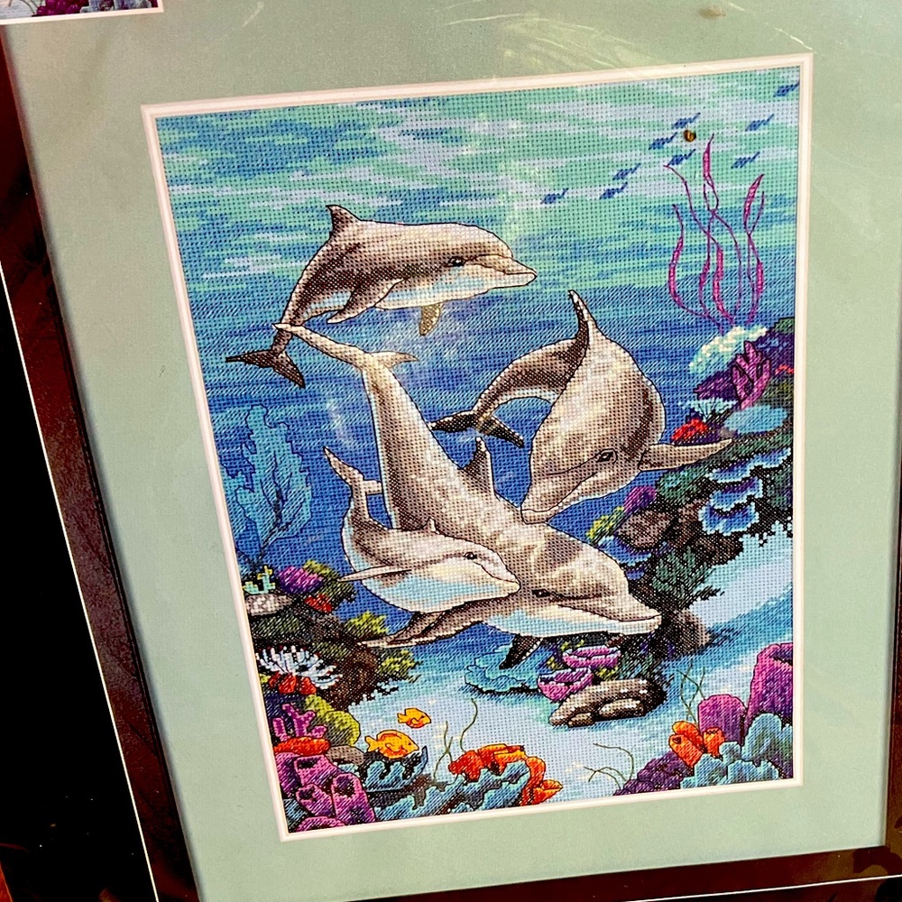 Dimensions “Dolphins Domain” 10x14”frame size,cross stitch kit. W/mat size 14x18